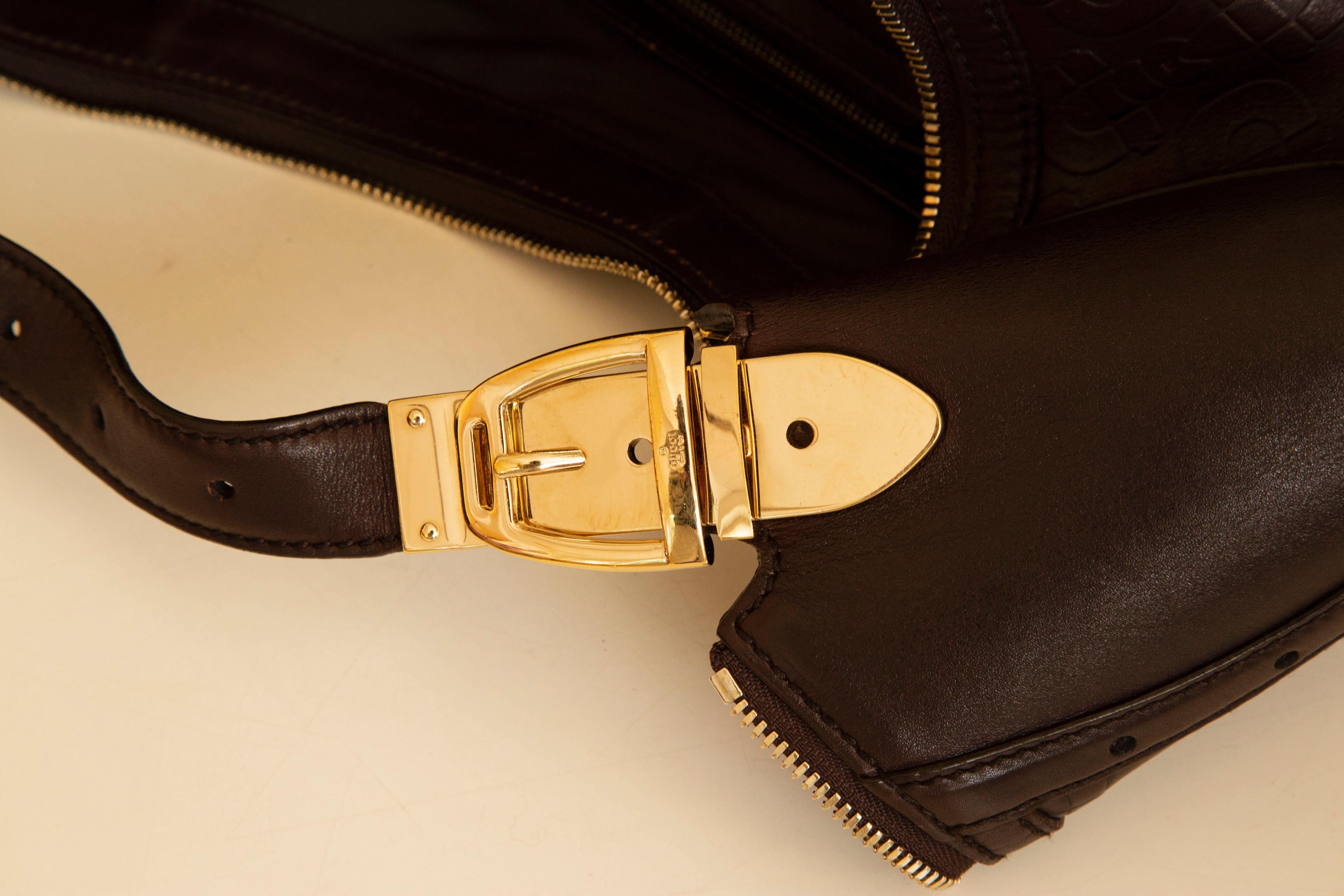 Gucci Brown Leather Horsebit Embossed Buckle Hobo Shoulder Bag  5