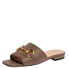 Gucci Brown Leather Horsebit Flat Slides Size 36
