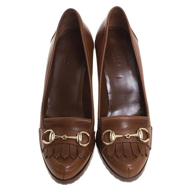 Gucci Brown Leather Horsebit Fringe Loafer Pumps Size 36.5 at 1stDibs ...