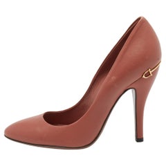 Used Gucci Brown Leather Horsebit GG Round Toe Pumps Size 38