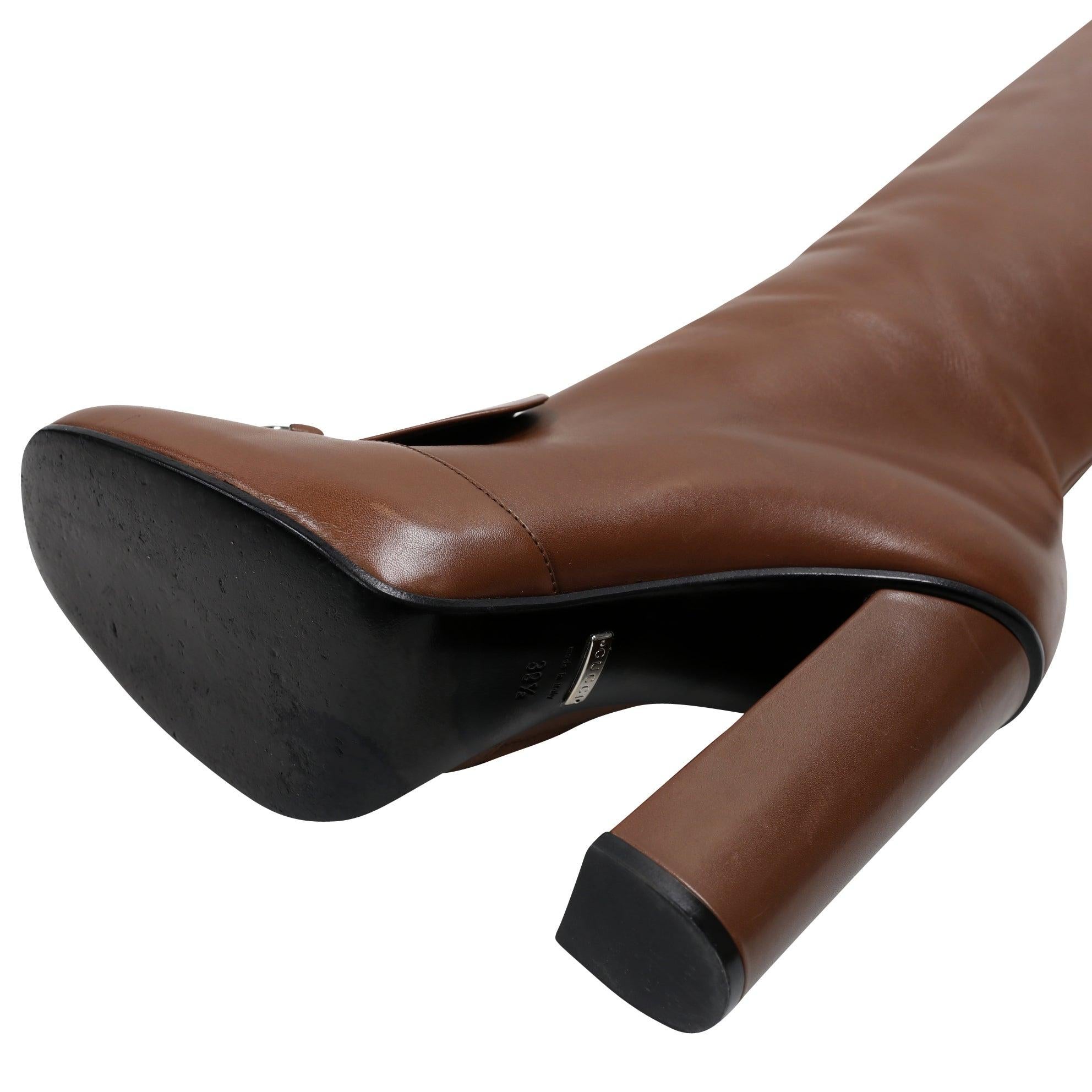 Gucci Brown Leather Horsebit Knee High Riding Boots 39.5 GG-S1111P-0001 For Sale 6