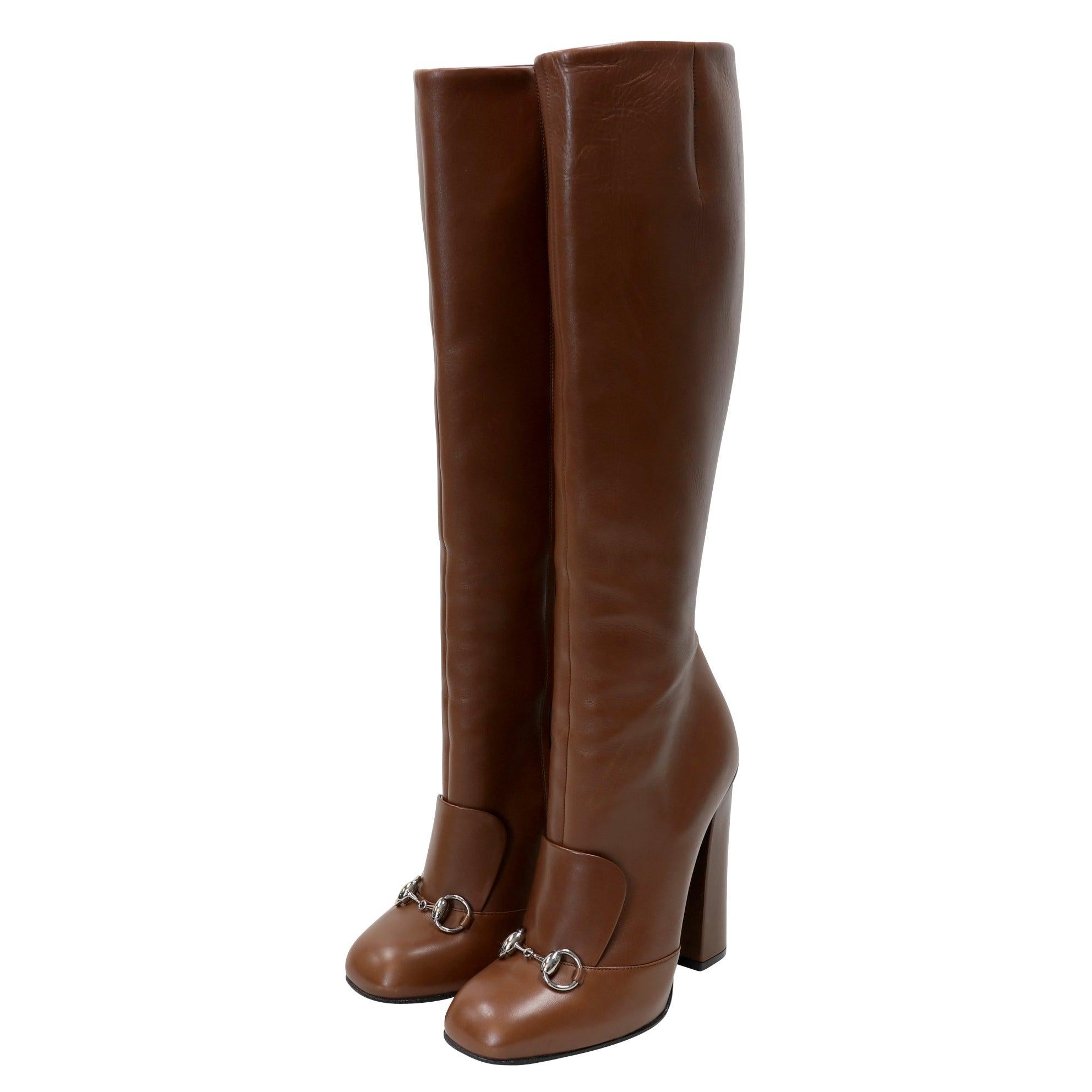 Women's Gucci Brown Leather Horsebit Knee High Riding Boots 39.5 GG-S1111P-0001 For Sale