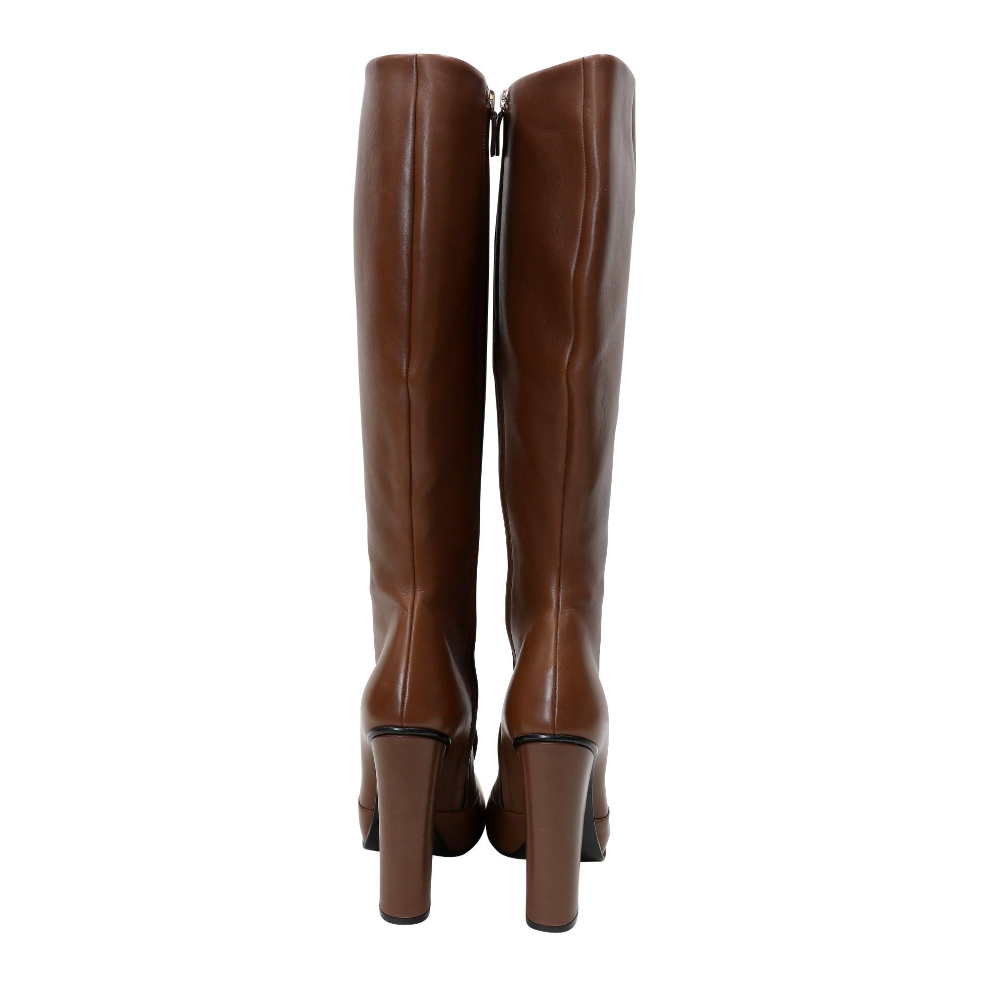 Gucci Brown Leather Horsebit Knee High Riding Boots 39.5 GG-S1111P-0001 For Sale 1