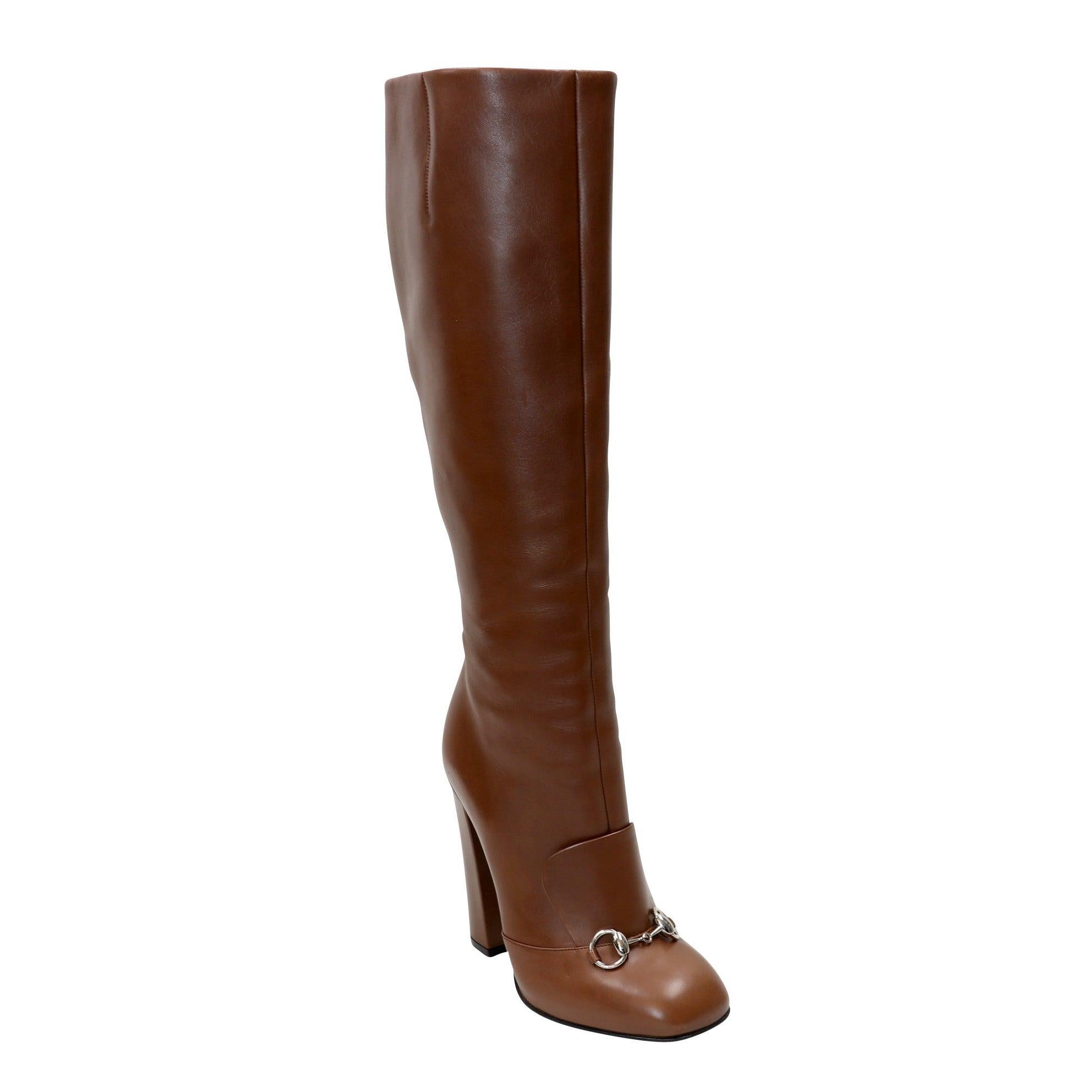 Gucci Brown Leather Horsebit Knee High Riding Boots 39.5 GG-S1111P-0001 For Sale 2