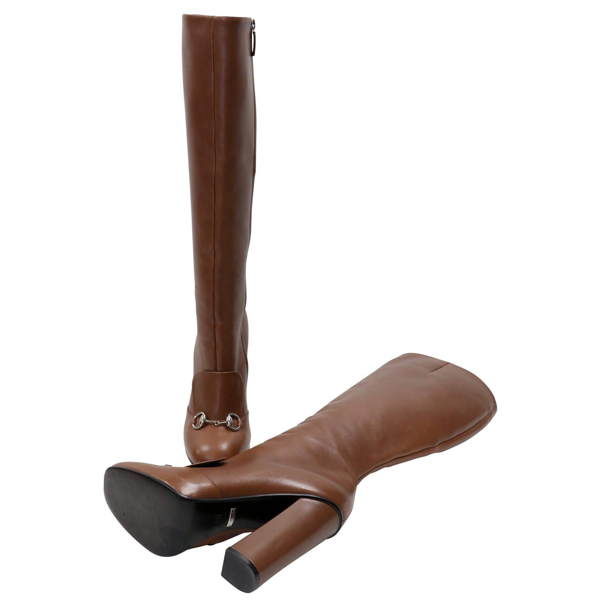 Gucci Brown Leather Horsebit Knee High Riding Boots 39.5 GG-S1111P-0001 For Sale 3