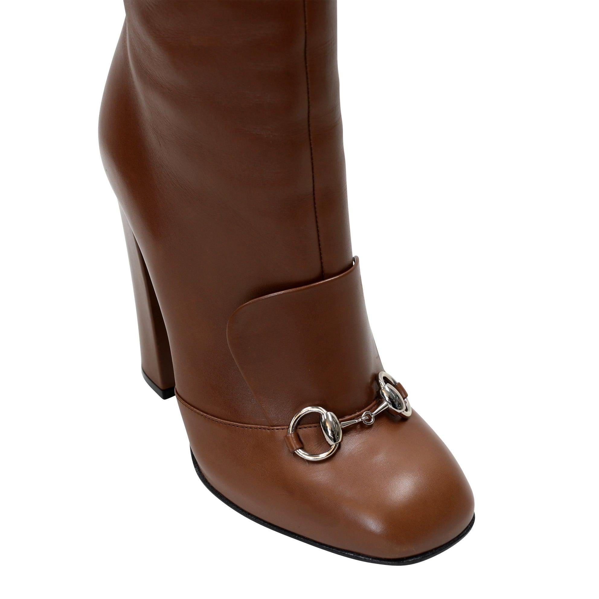 Gucci Brown Leather Horsebit Knee High Riding Boots 39.5 GG-S1111P-0001 For Sale 4
