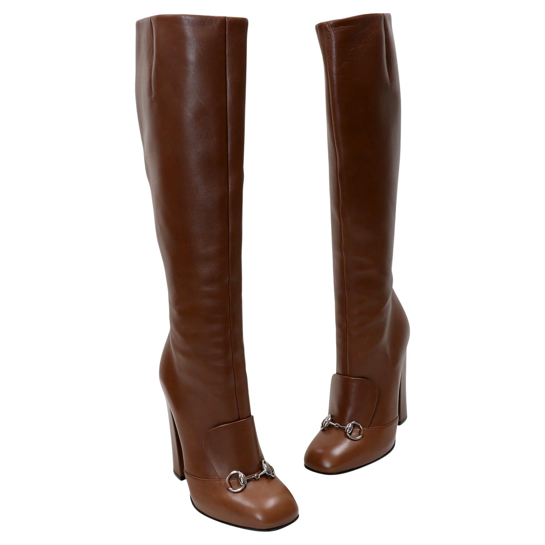 Gucci Brown Leather Horsebit Knee High Riding Boots 39.5 GG-S1111P-0001 For Sale