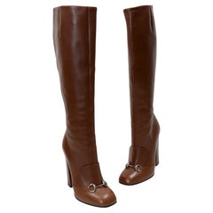 Used Gucci Brown Leather Horsebit Knee High Riding Boots 39.5 GG-S1111P-0001