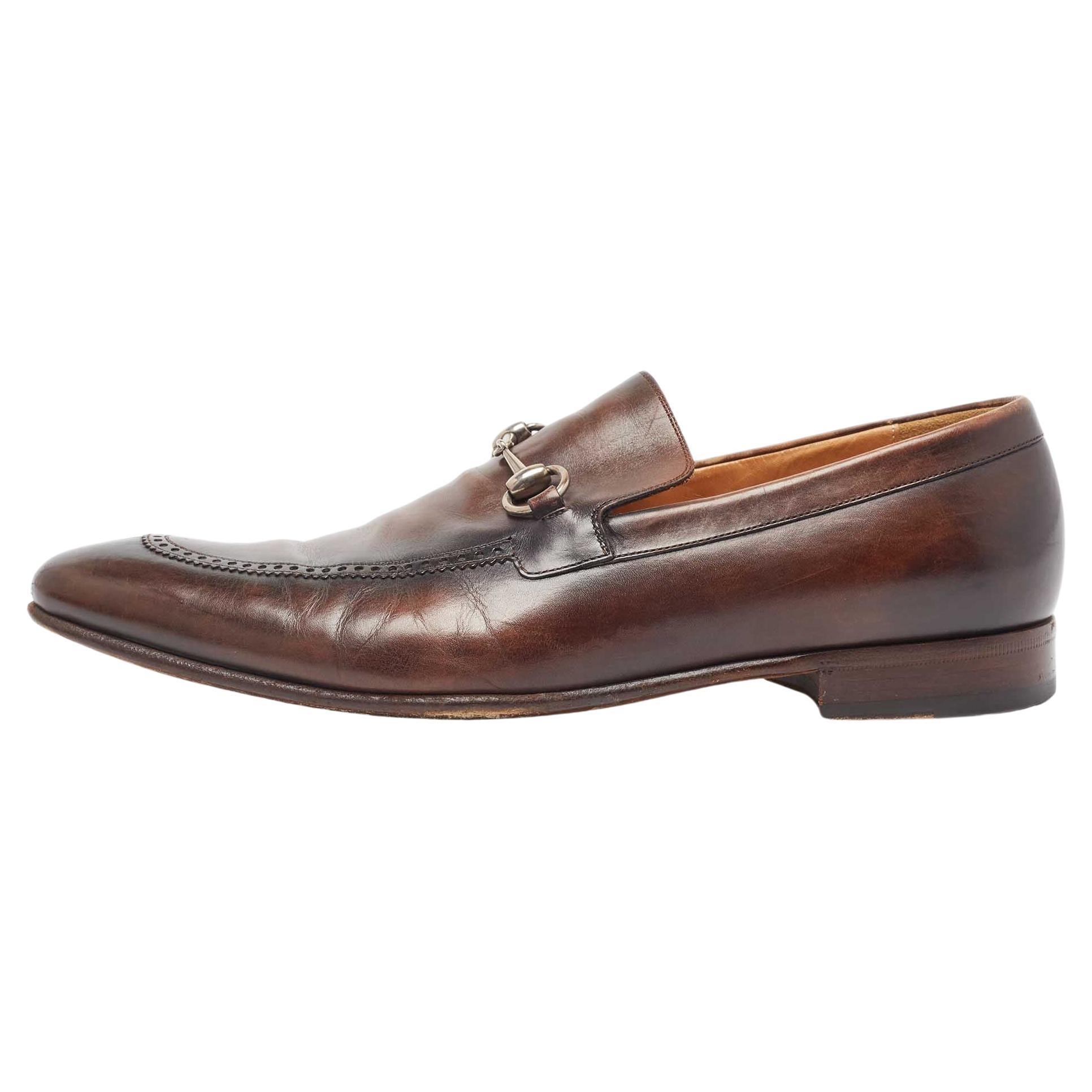 Gucci Brown Leather Horsebit Loafers Size 44.5 For Sale
