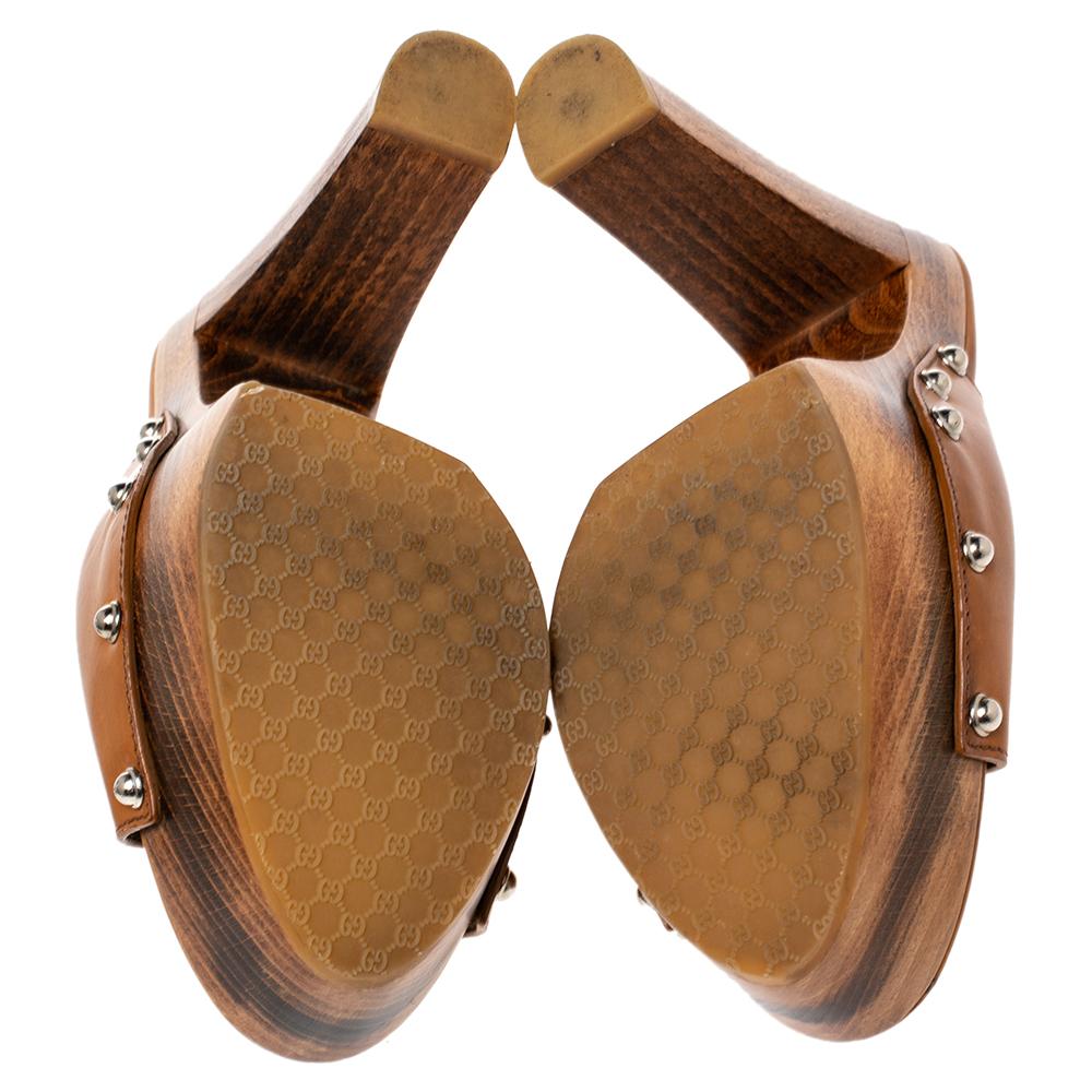 Women's Gucci Brown Leather Horsebit Peep Toe Clogs Sandals Size 38.5