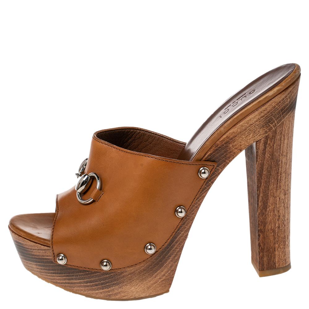 Gucci Brown Leather Horsebit Peep Toe Clogs Sandals Size 38.5 1