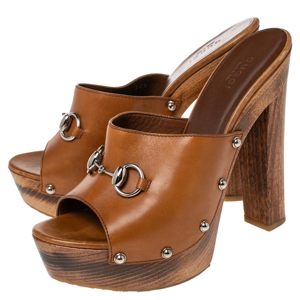 Gucci Brown Leather Horsebit Peep Toe Clogs Sandals Size 38.5 3