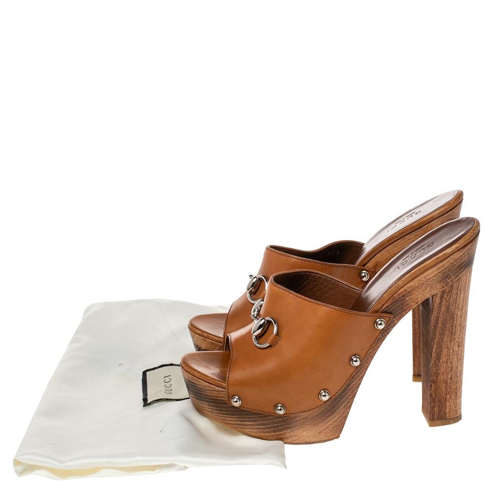 Gucci Brown Leather Horsebit Peep Toe Clogs Sandals Size 38.5 4