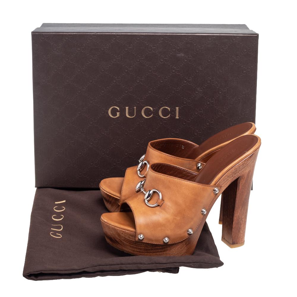 Gucci Brown Leather Horsebit Peep Toe Clogs Size 37.5 3