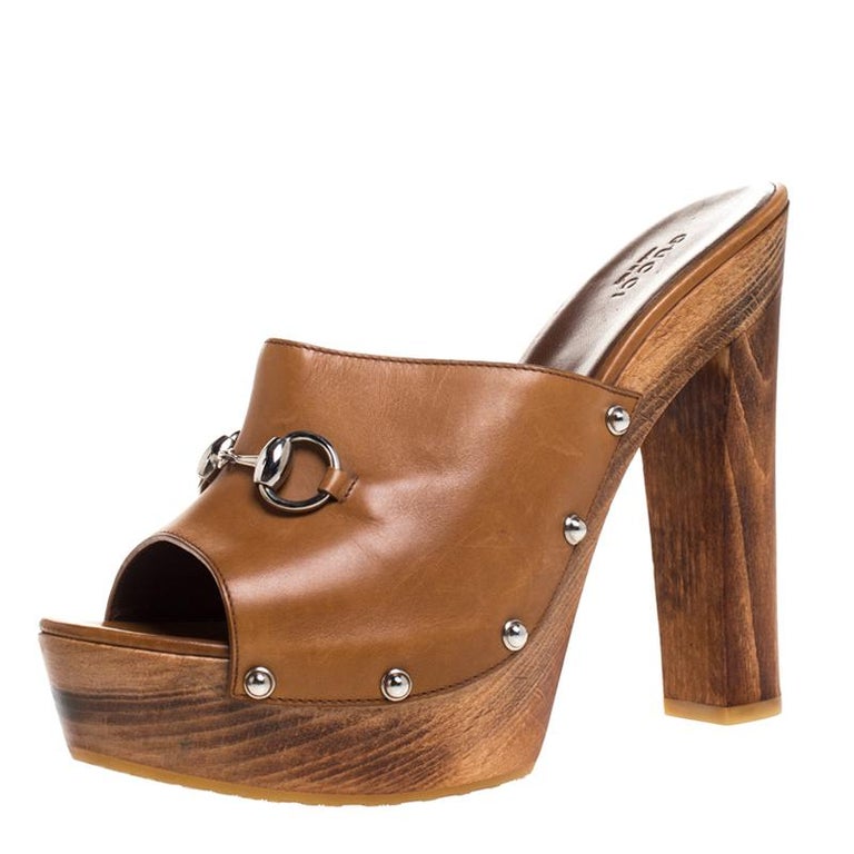 Gucci Brown Leather Horsebit Peep Toe Clogs Size 41 at 1stDibs