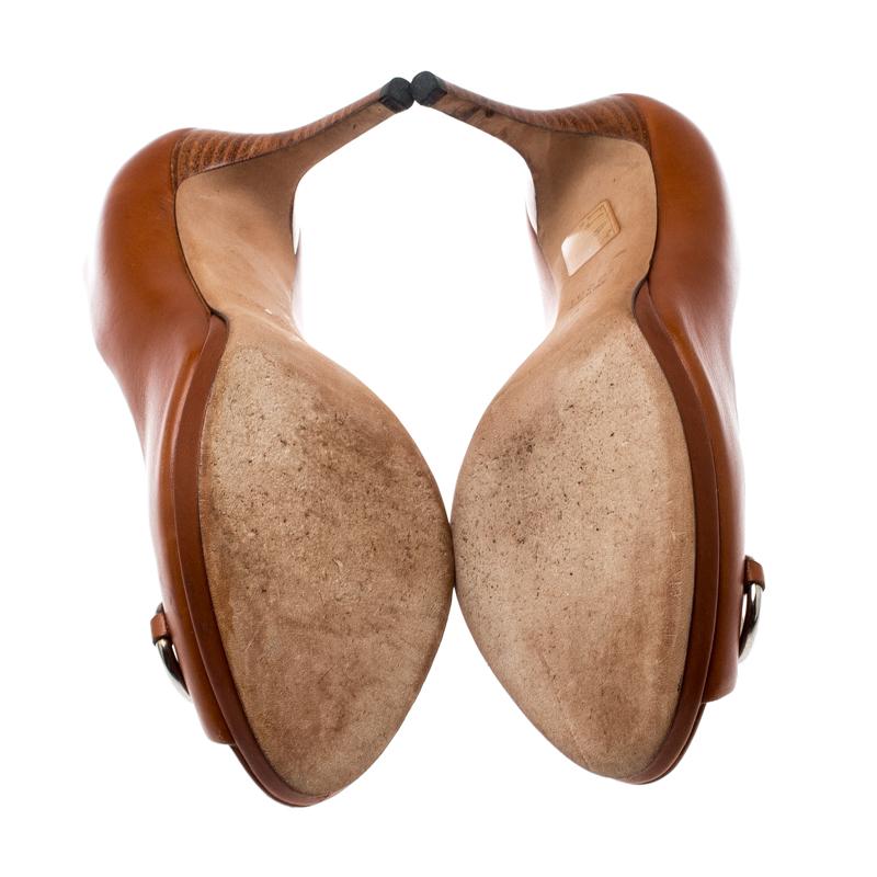 Women's Gucci Brown Leather Horsebit Peep Toe Pumps Size 37