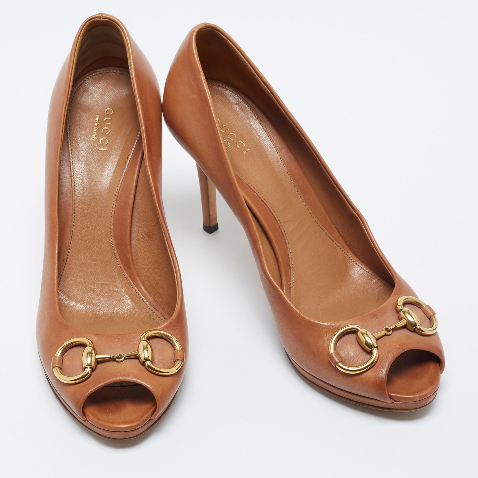 Women's Gucci Brown Leather Horsebit Peep Toe Pumps Size 39.5