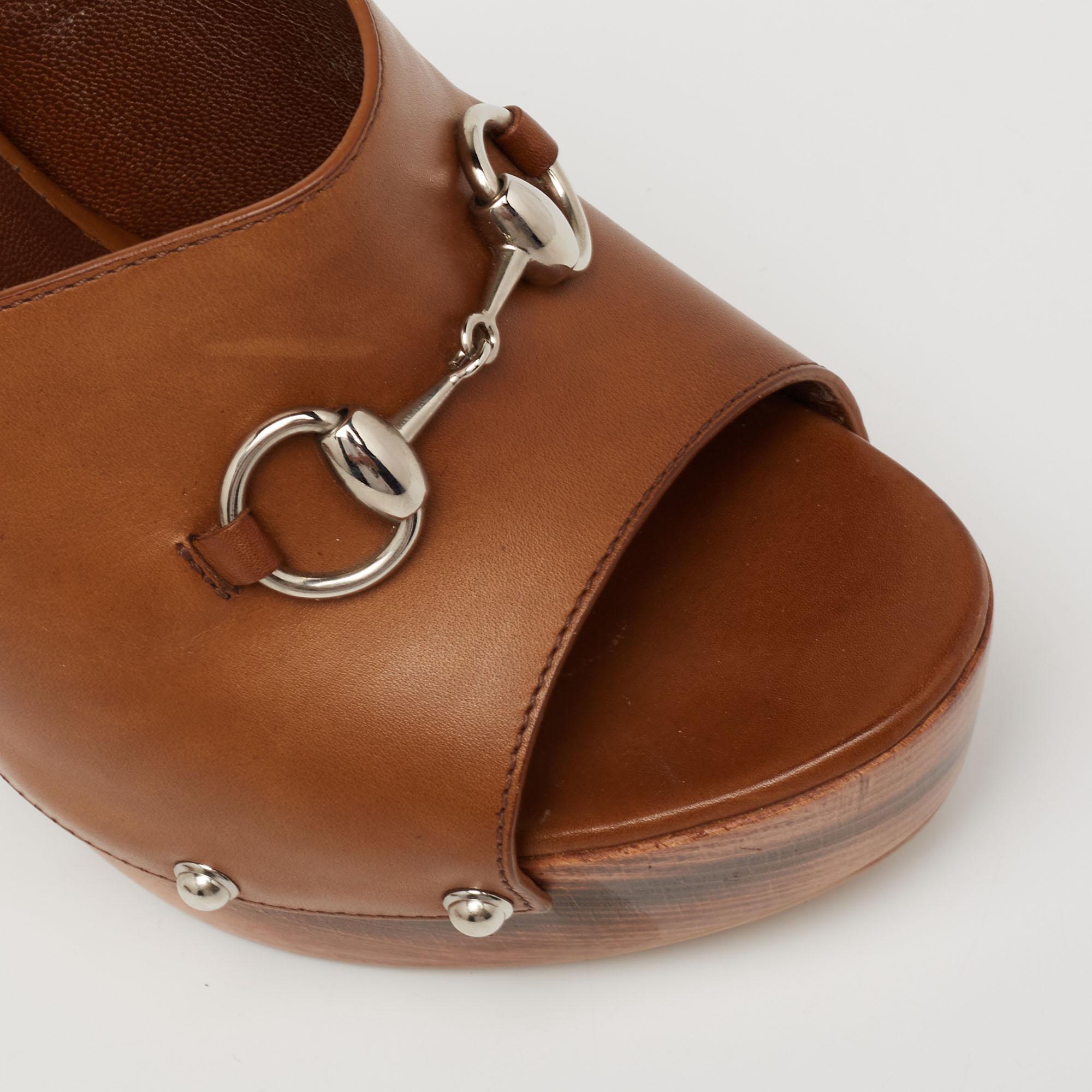Women's Gucci Brown Leather Horsebit Peep-Toe Wooden Clogs Size 39