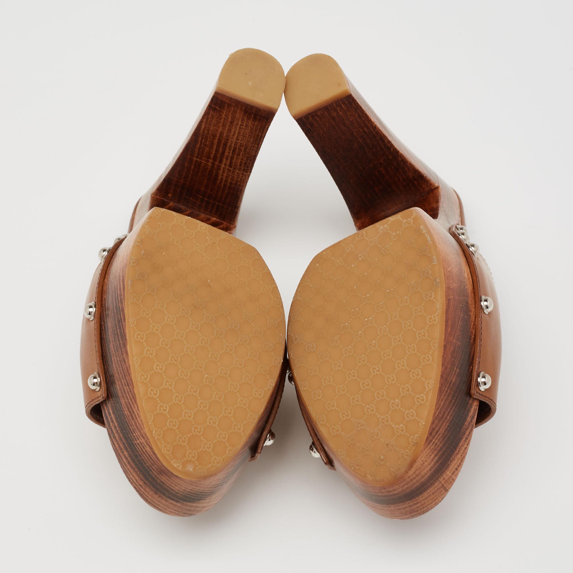 Gucci Brown Leather Horsebit Peep-Toe Wooden Clogs Size 39 2