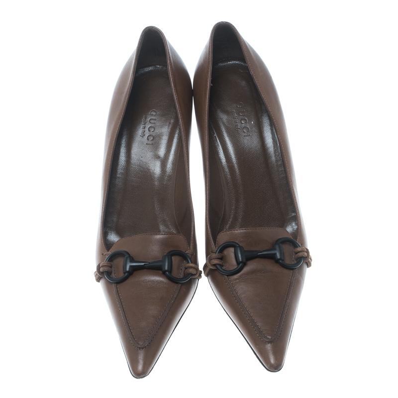 Black Gucci Brown Leather Horsebit Pointed Toe Pumps Size 38