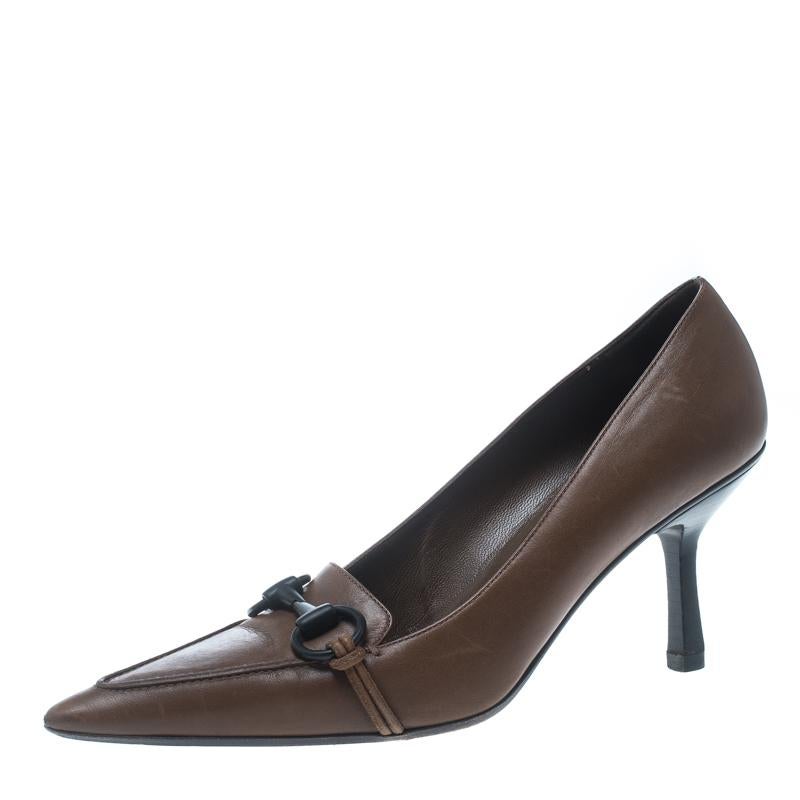 Gucci Brown Leather Horsebit Pointed Toe Pumps Size 38