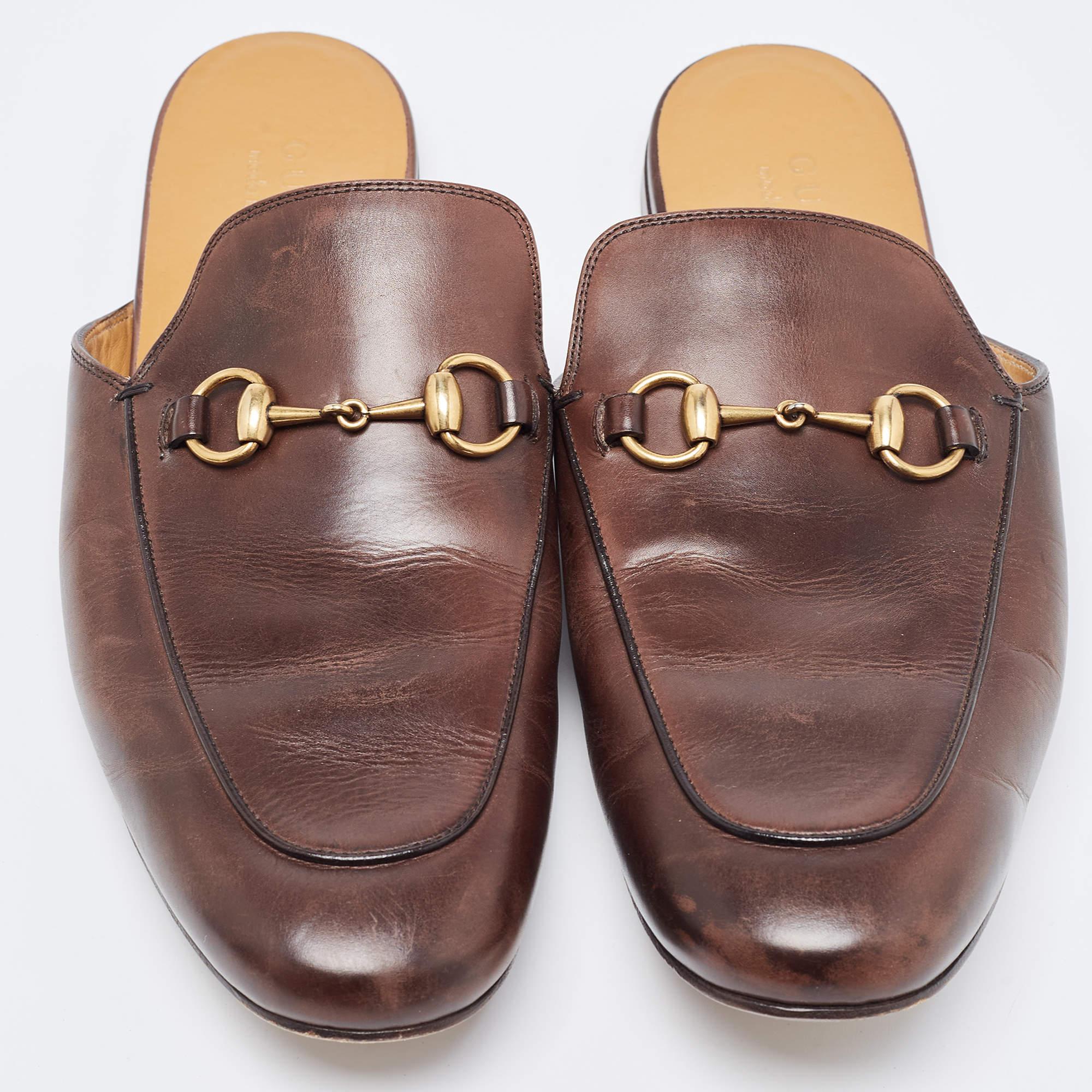 Gucci Brown Leather Horsebit Princetown Flat Mules Size 43 In Good Condition In Dubai, Al Qouz 2