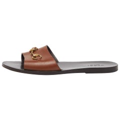 Gucci Brown Leather Horsebit Slides Size 43.5