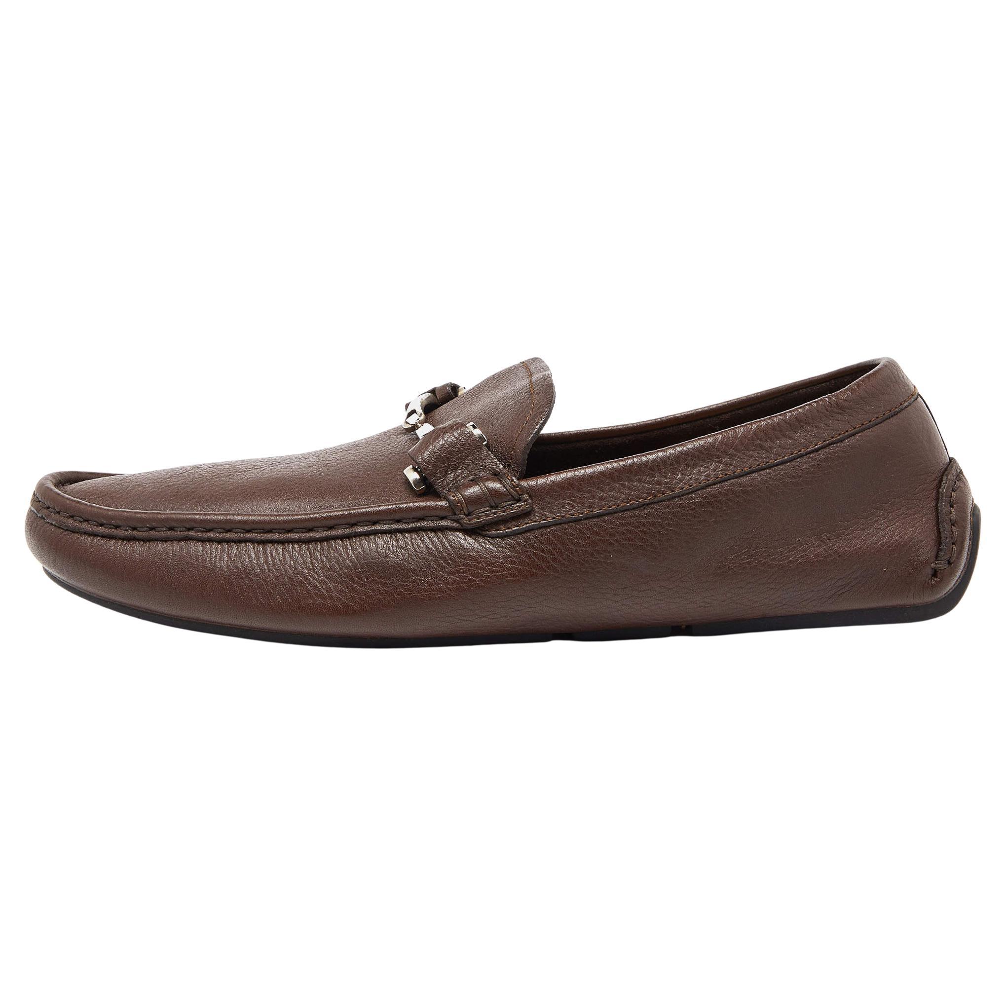 Gucci Brown Leather Horsebit Slip On Loafers Size 41.5 For Sale