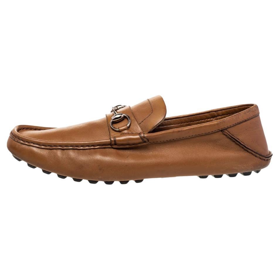 Gucci Brown Leather Horsebit Slip On Loafers Size 43 For Sale