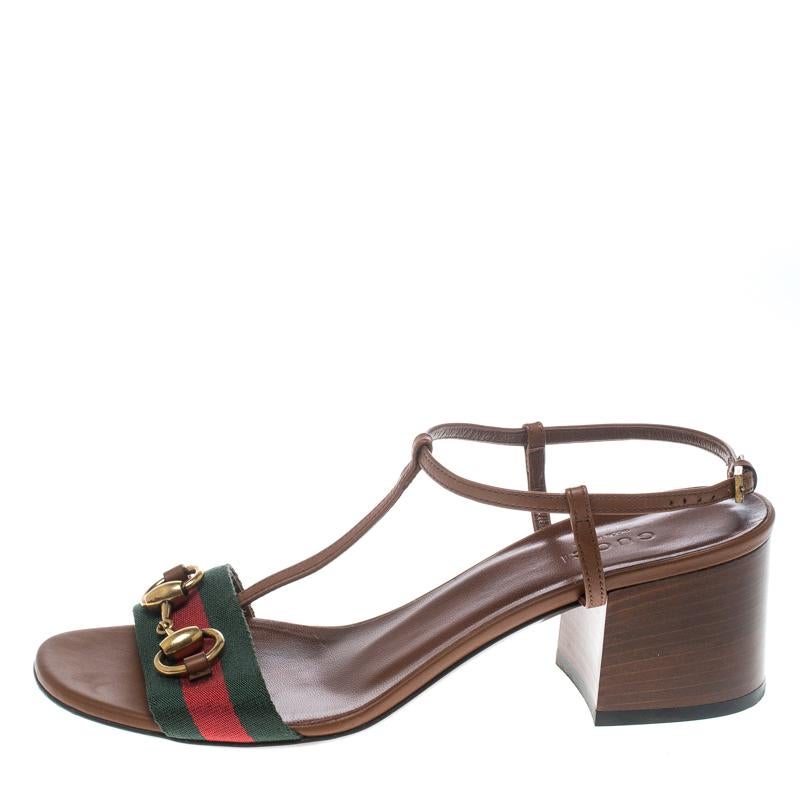 Gucci Brown Leather Horsebit Web Stripe Detail T Strap Sandals Size 37 In Good Condition In Dubai, Al Qouz 2