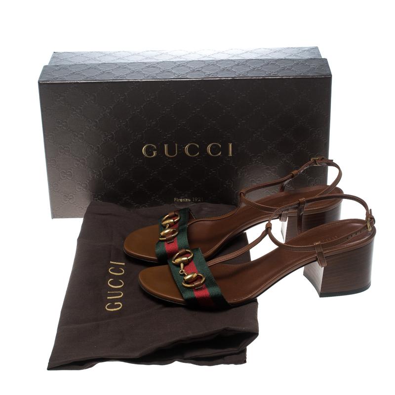 Women's Gucci Brown Leather Horsebit Web Stripe Detail T Strap Sandals Size 37