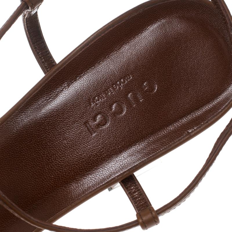 Gucci Brown Leather Horsebit Web Stripe Detail T Strap Sandals Size 37 1