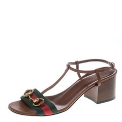 Gucci Brown Leather Horsebit Web Stripe Detail T Strap Sandals Size 37