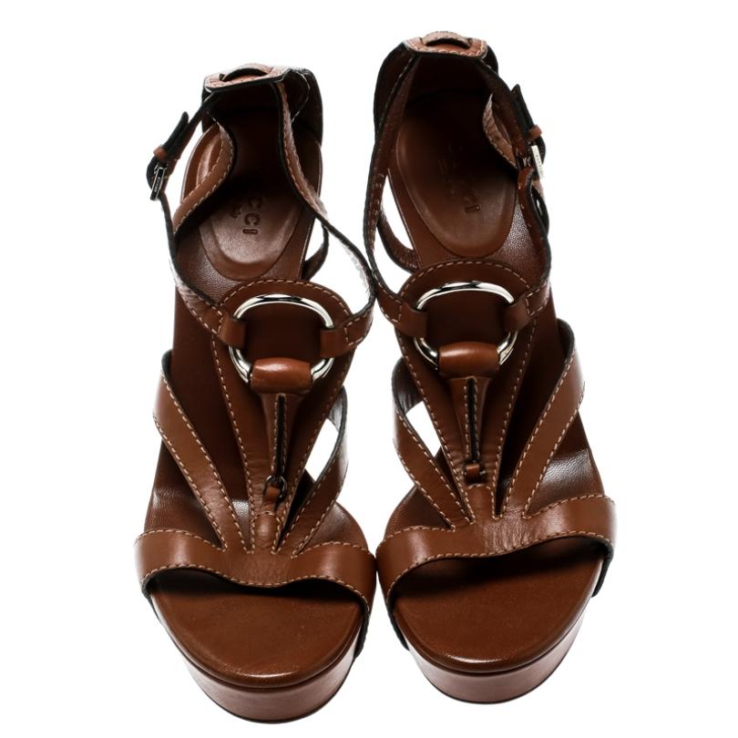 Black Gucci Brown Leather Icon Bit Ankle Strap Platform Sandals Size 37