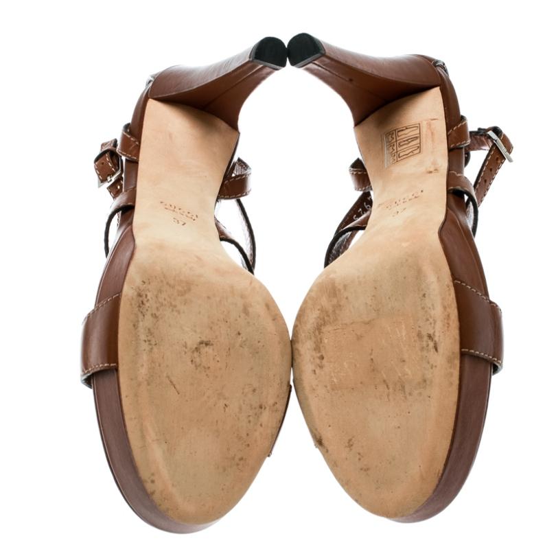 Gucci Brown Leather Icon Bit Ankle Strap Platform Sandals Size 37 2