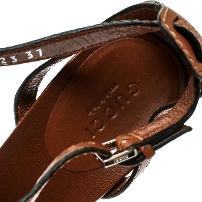 Black Gucci Brown Leather Icon Bit Ankle Strap Platform Sandals Size 37 For Sale