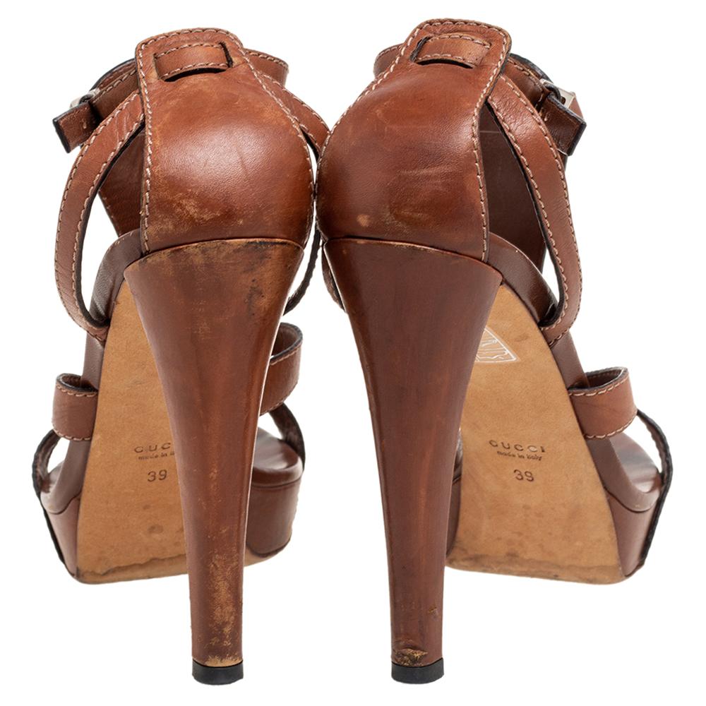 Gucci Brown Leather Icon Bit Ankle-Strap Platform Sandals Size 39 In Good Condition For Sale In Dubai, Al Qouz 2