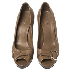 Gucci Brown Leather Icon Bit Platform Peep Toe Pump Size 37