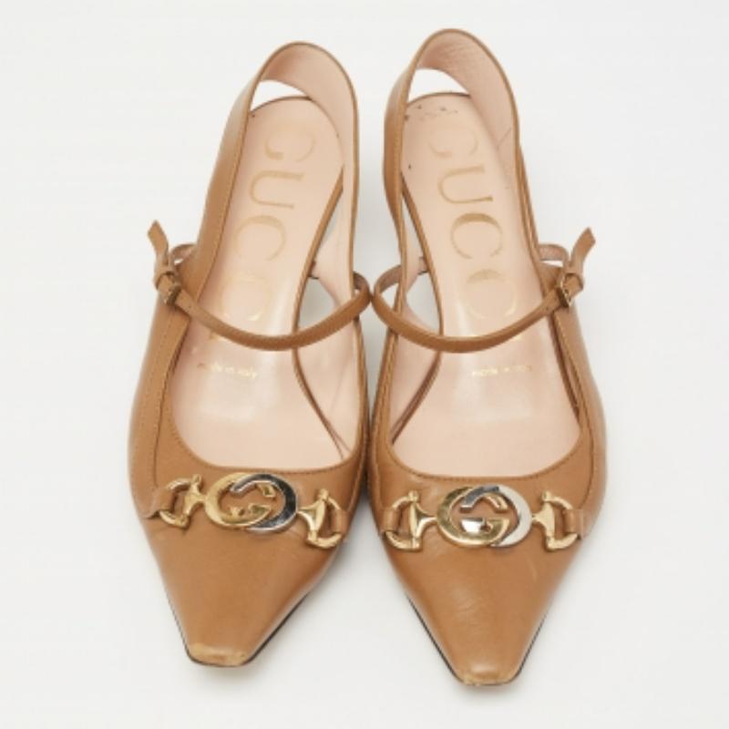 Gucci - Escarpins à talons compensés en cuir marron G Horsebit Zumi - Taille 36,5 Pour femmes en vente