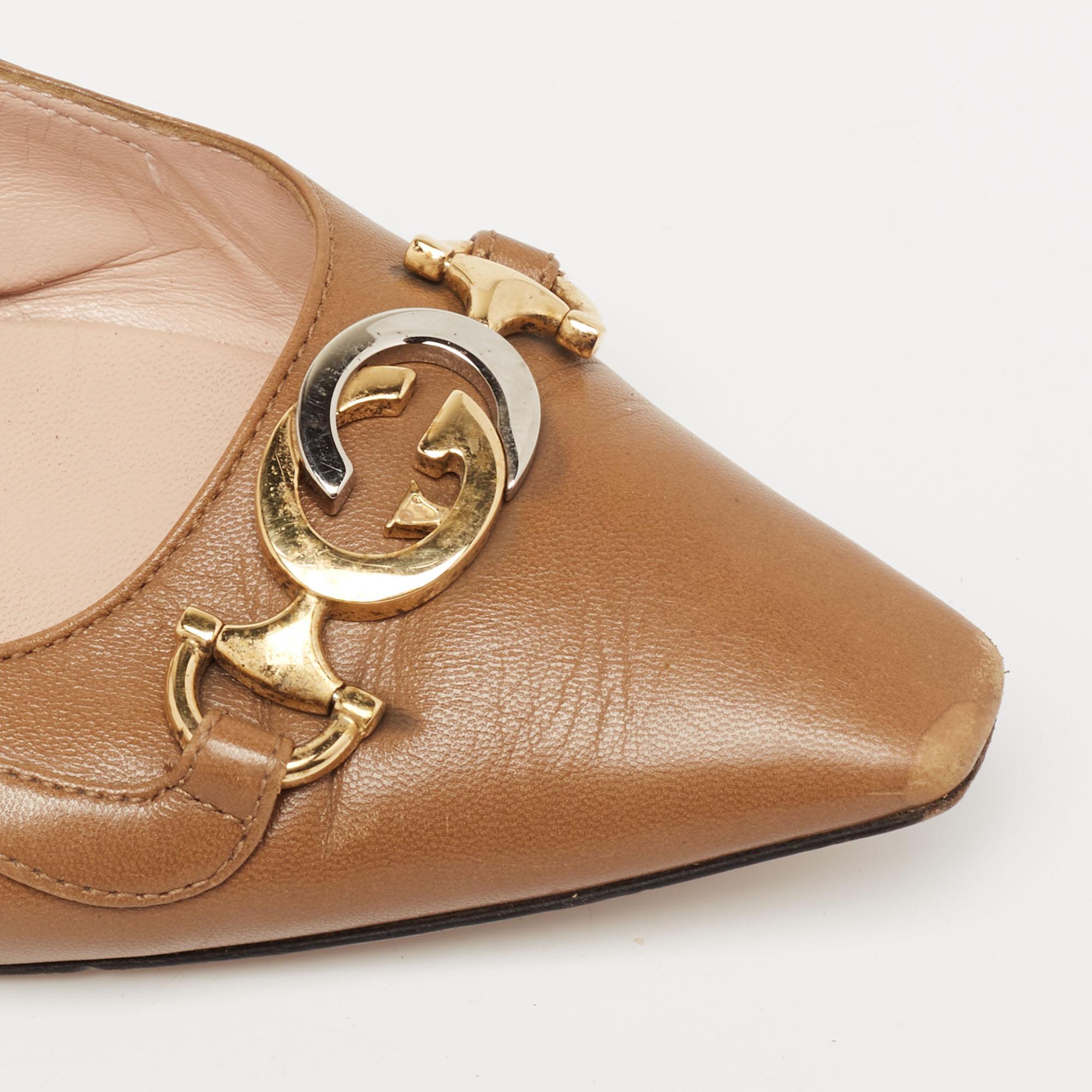 Gucci Brown Leather Interlocking G Horsebit Zumi Slingback Pumps Size 36.5 For Sale 2