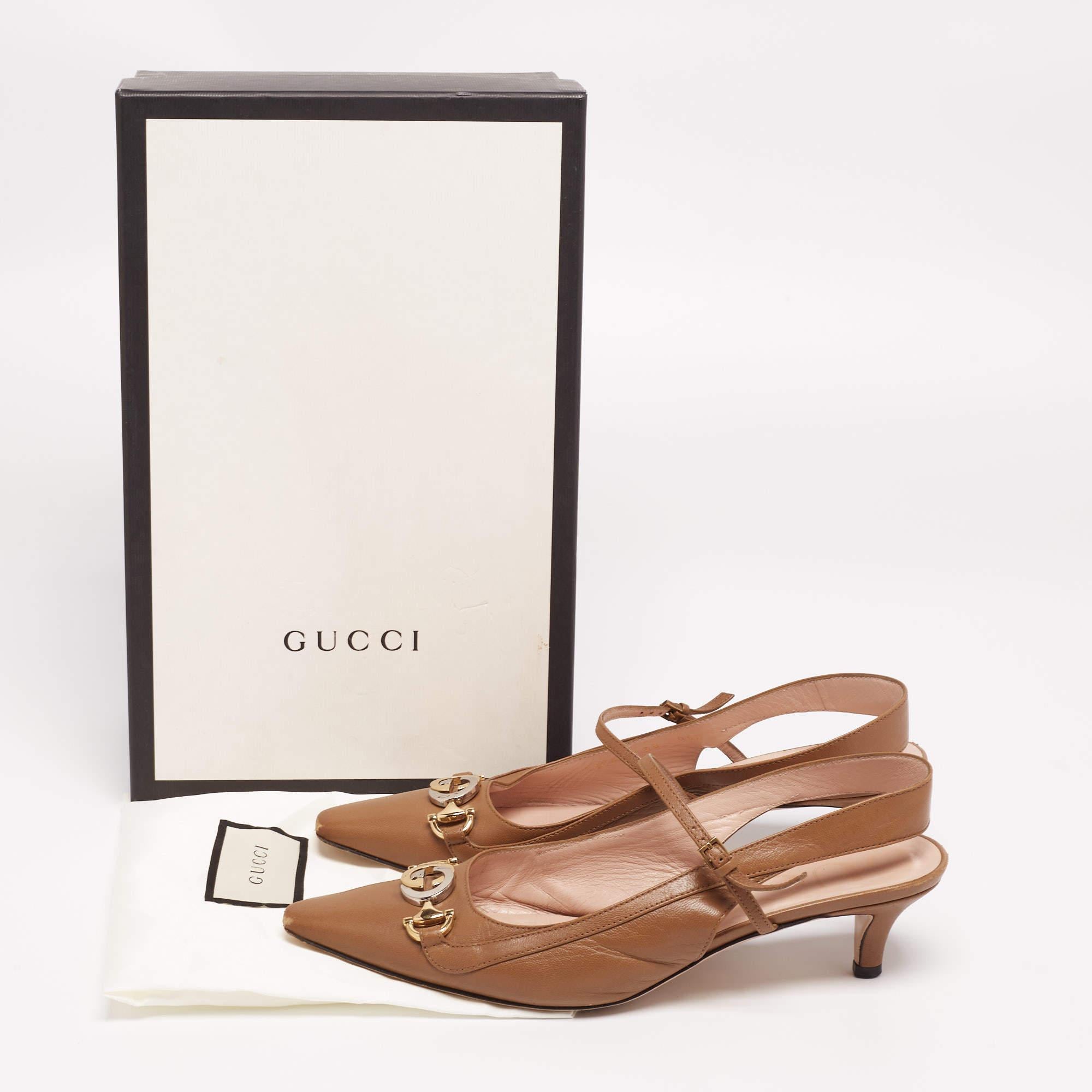 Gucci Brown Leather Interlocking G Horsebit Zumi Slingback Sandals Size 38 For Sale 1