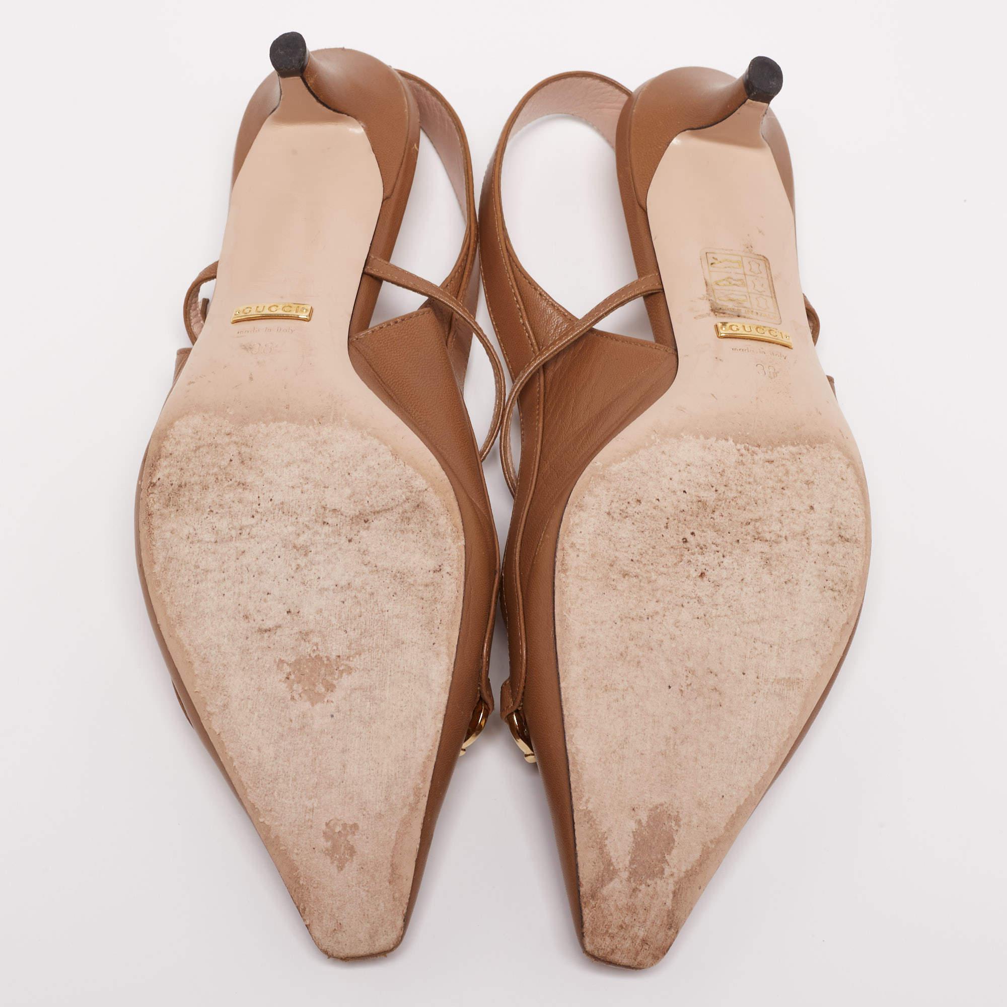 Gucci Brown Leather Interlocking G Horsebit Zumi Slingback Sandals Size 38 For Sale 2