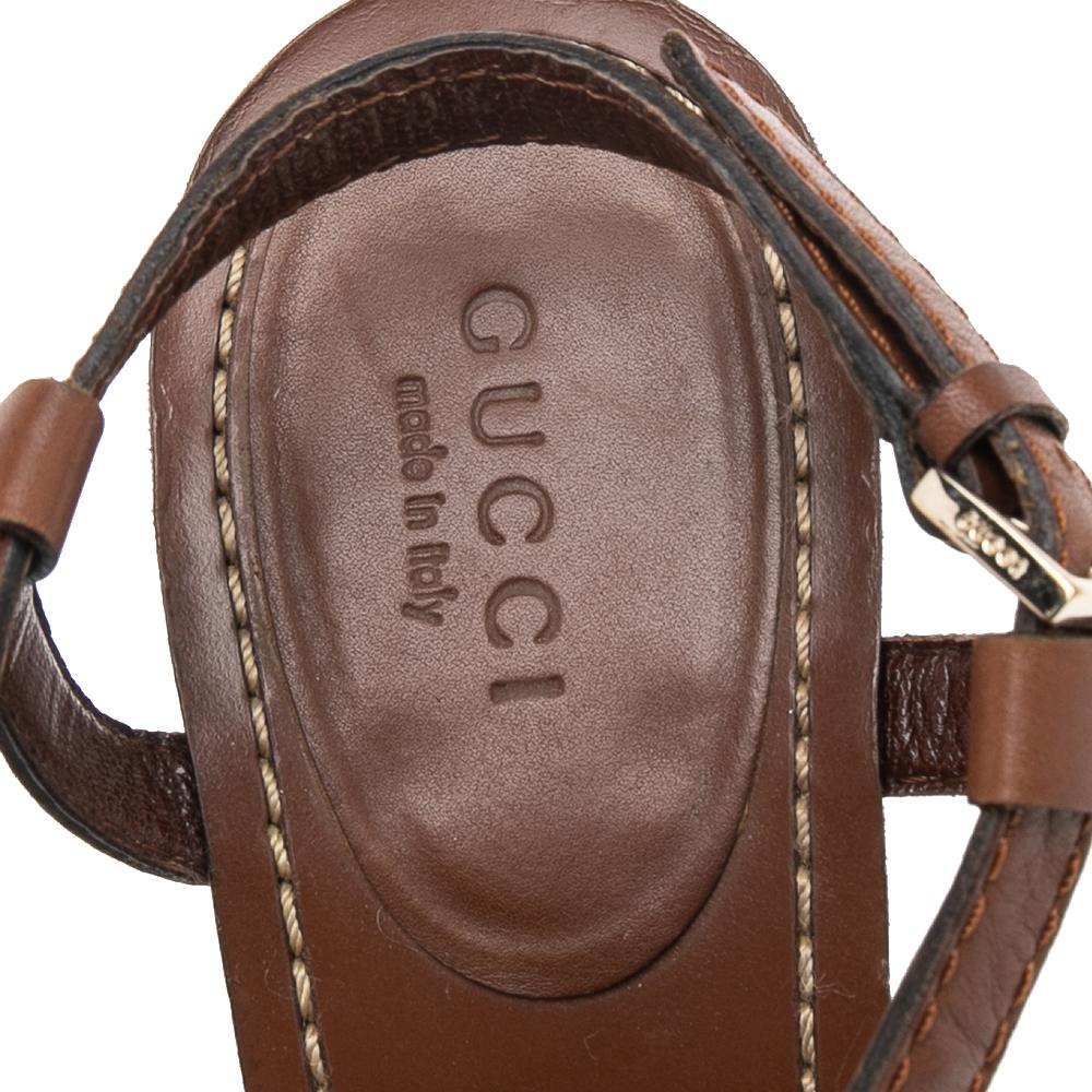 Women's Gucci Brown Leather Interlocking G T-Strap Wedge Sandals Size 37