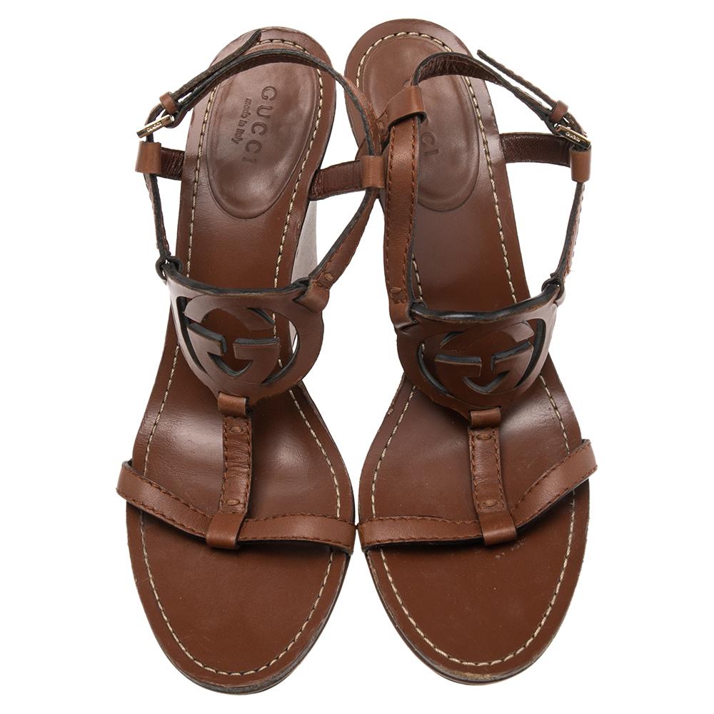 Gucci Brown Leather Interlocking G T-Strap Wedge Sandals Size 37 1