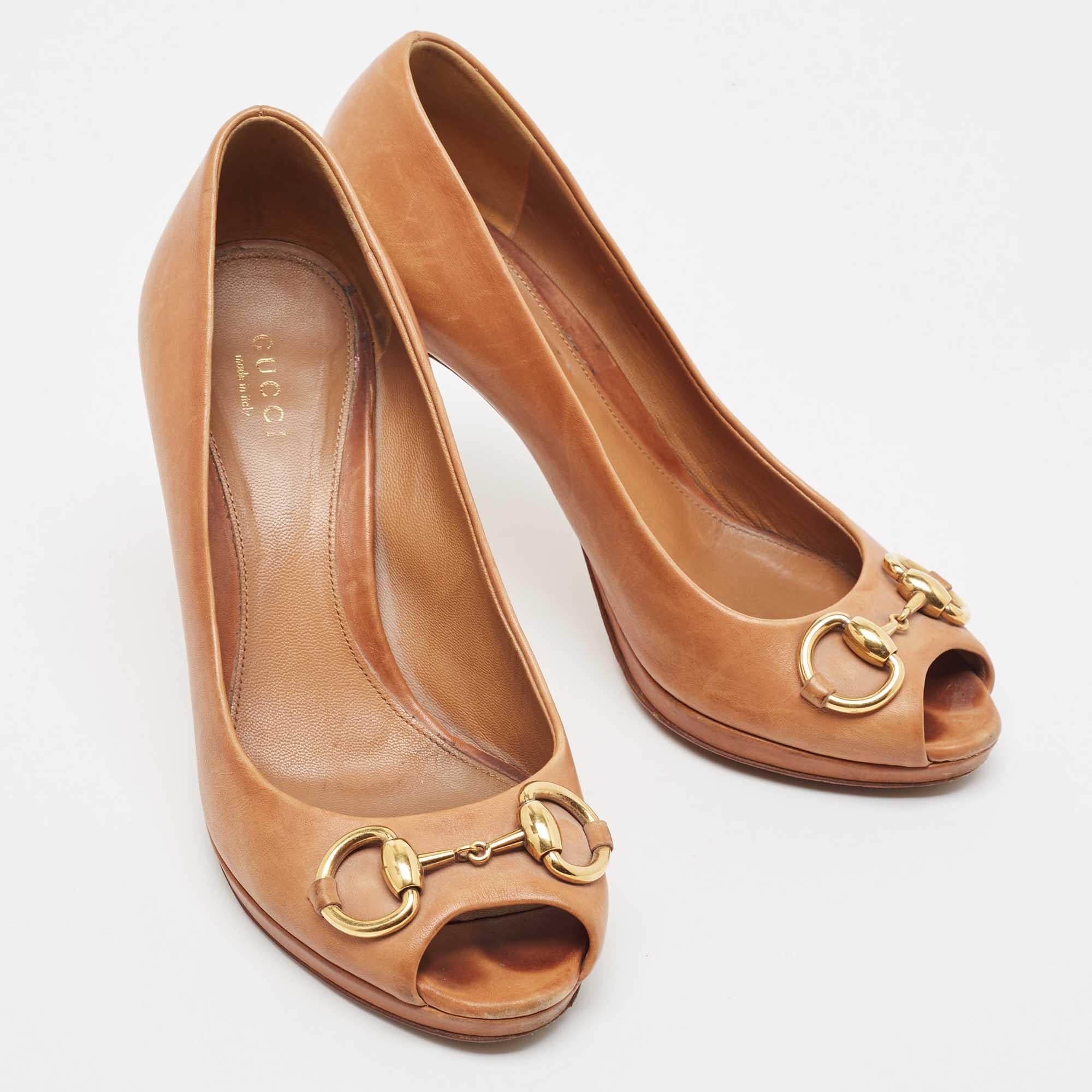 Women's Gucci Brown Leather Jolene  Open Toe Pumps Size 38 For Sale