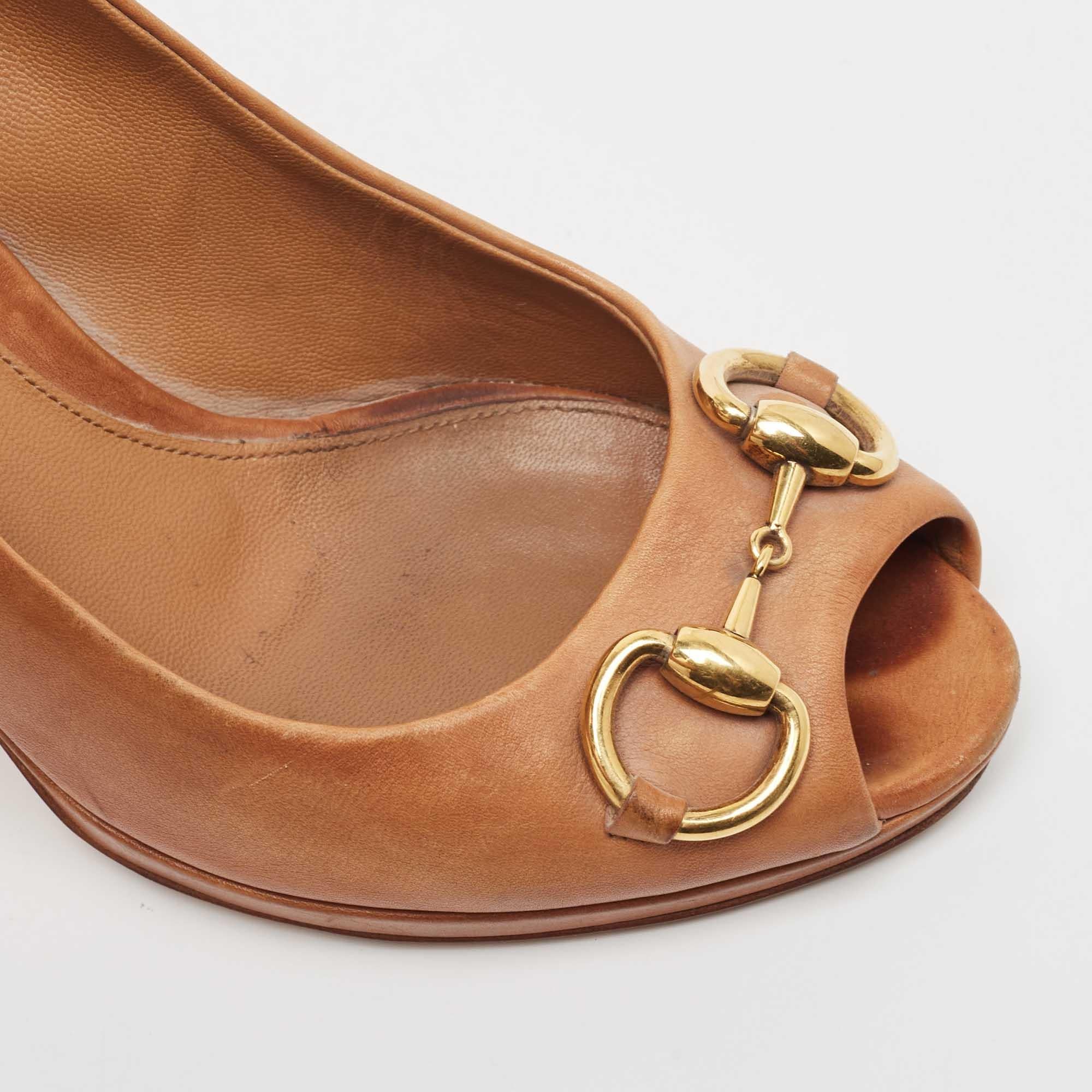 Gucci Brown Leather Jolene  Open Toe Pumps Size 38 For Sale 4