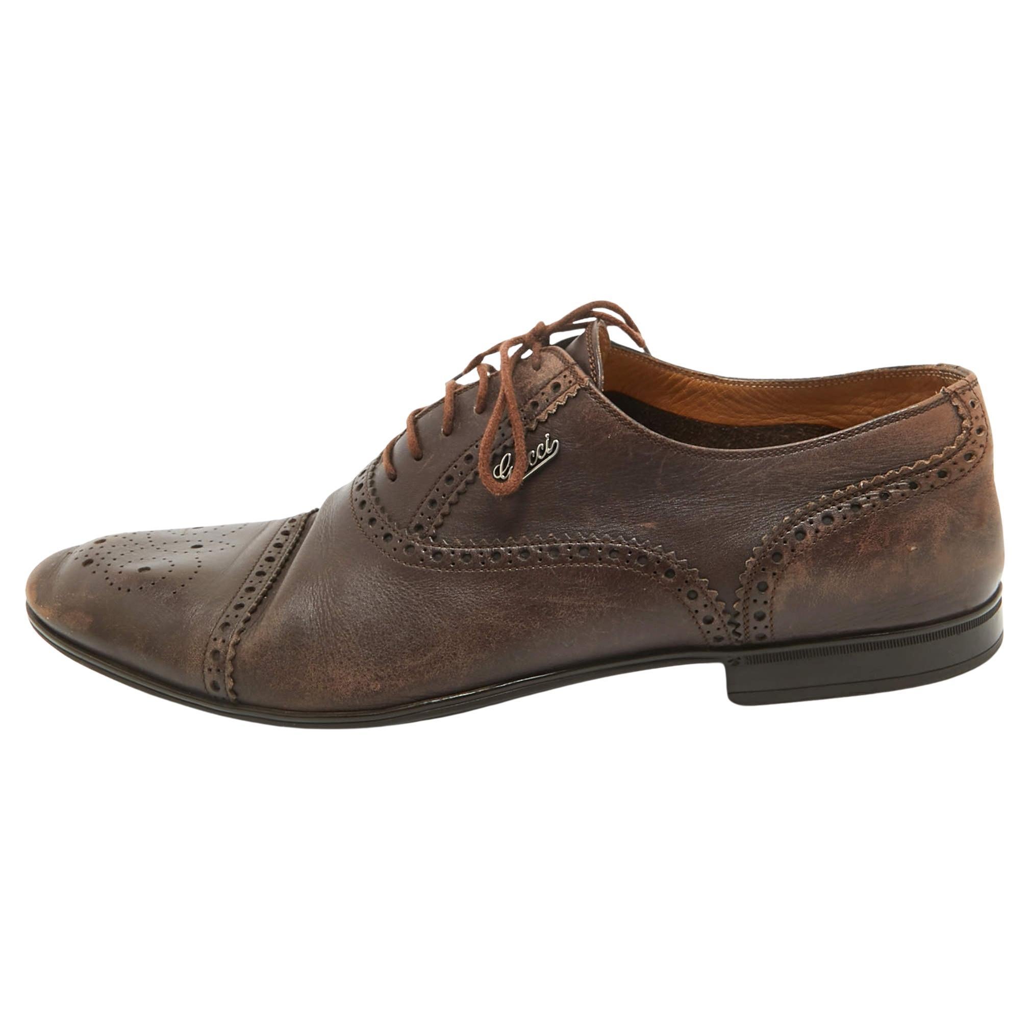 Gucci Brown Leather Lace Up Brogue Oxfords Size 44.5 For Sale