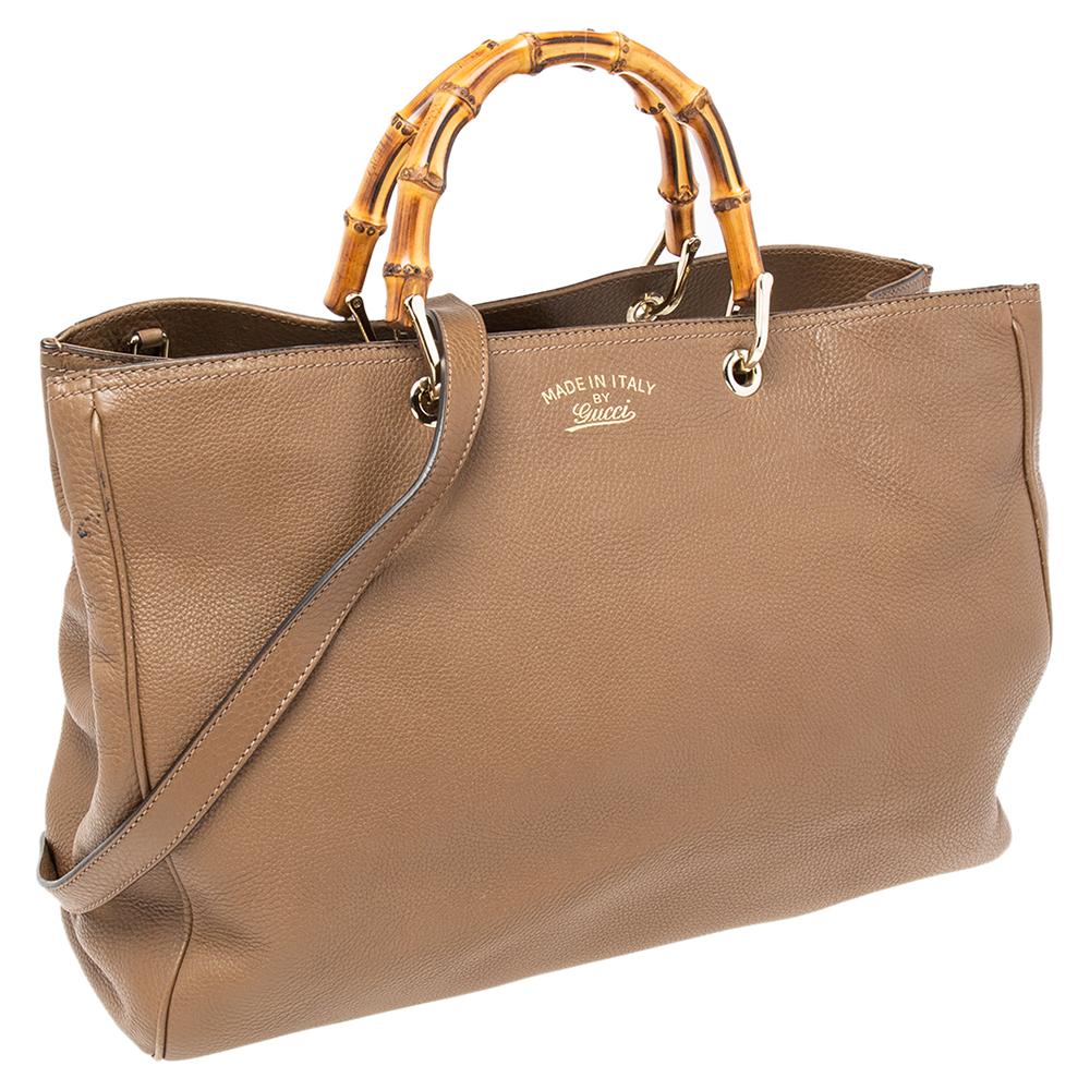 Gucci Brown Leather Large Bamboo Handle Shopper Tote For Sale at 1stDibs