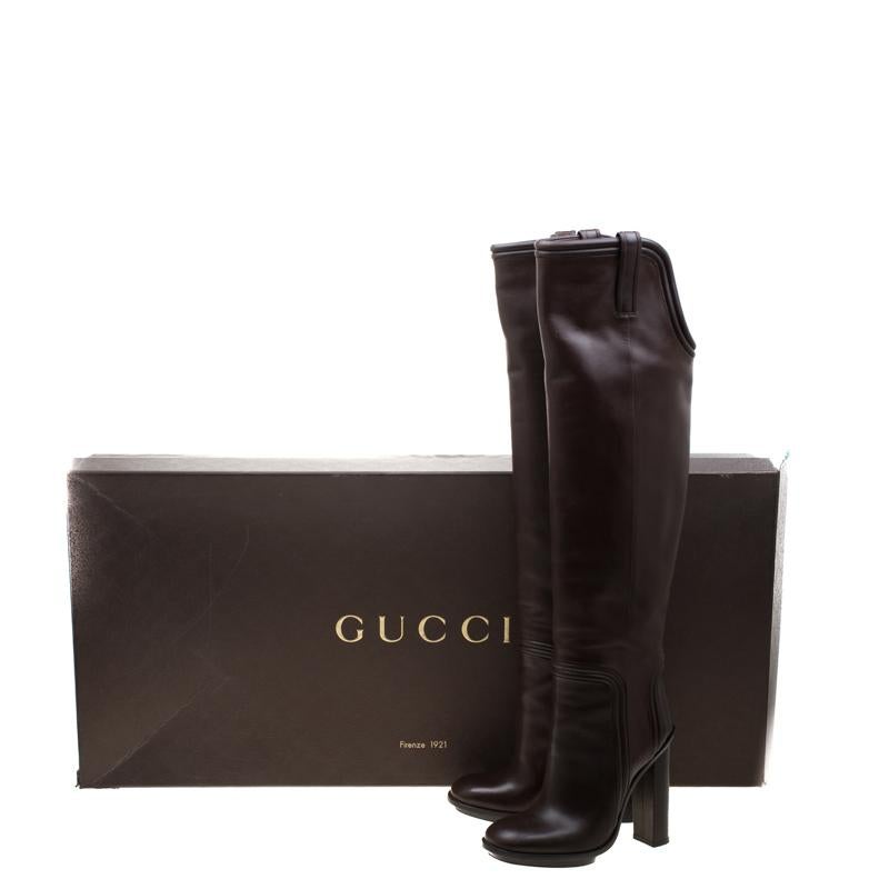 Gucci Brown Leather Lifford Knee Length Block Heel Boots Size 38.5 2