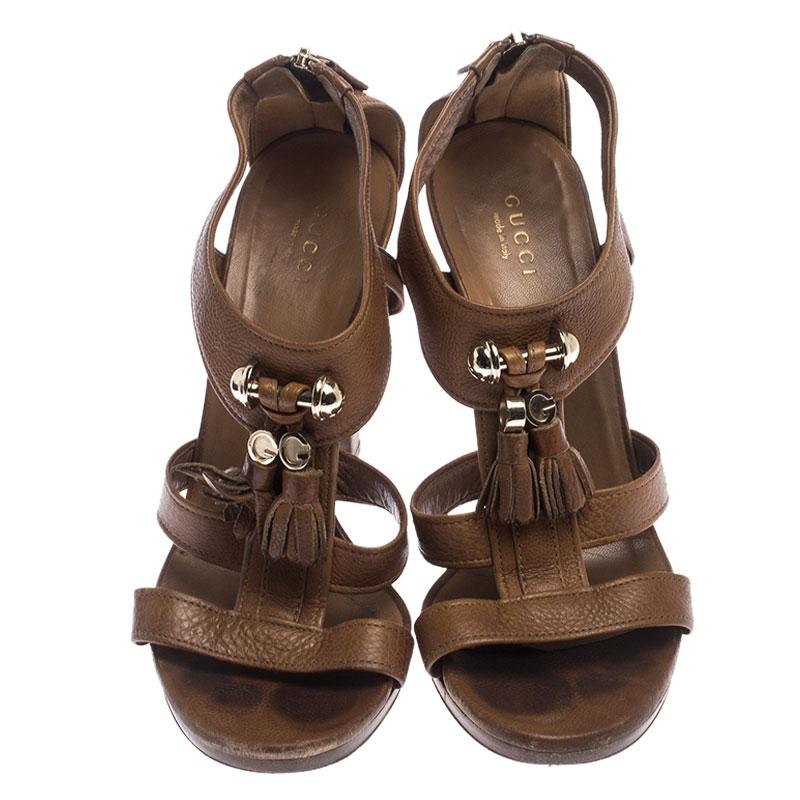 Gucci Brown Leather Marrakech Open-Toe Sandals Size 38 In Good Condition In Dubai, Al Qouz 2